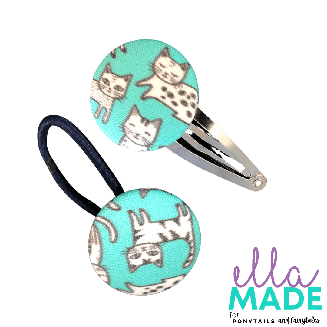 Limited Edition: Cats Covered Buttons Hair clips Ella Made Set - Snap Clip + Hair Tie