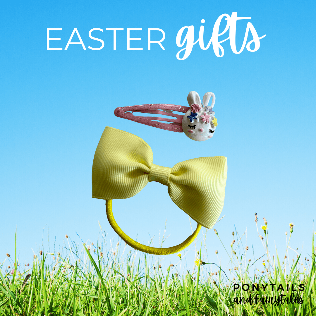 Easter Gift Set: Floral Bunny Glittery Snap Clip and Hair Tie - easter - School Uniform Hair Accessories - Ponytails and Fairytales