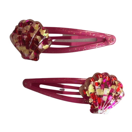 Glittery Pink Shell Snaps Hair clips Ponytails and Fairytales 