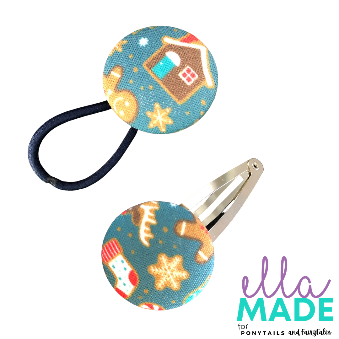 Limited Edition: Christmas Covered Buttons Hair clips Ella Made Set - Snap Clip + Hair Tie 