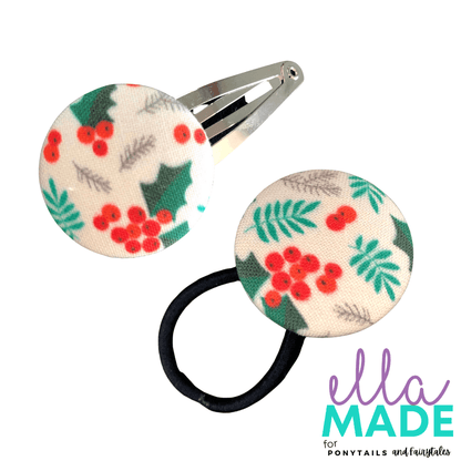 Limited Edition: Christmas Holly Covered Buttons Hair clips Ella Made Set - Snap Clip + Hair Tie 