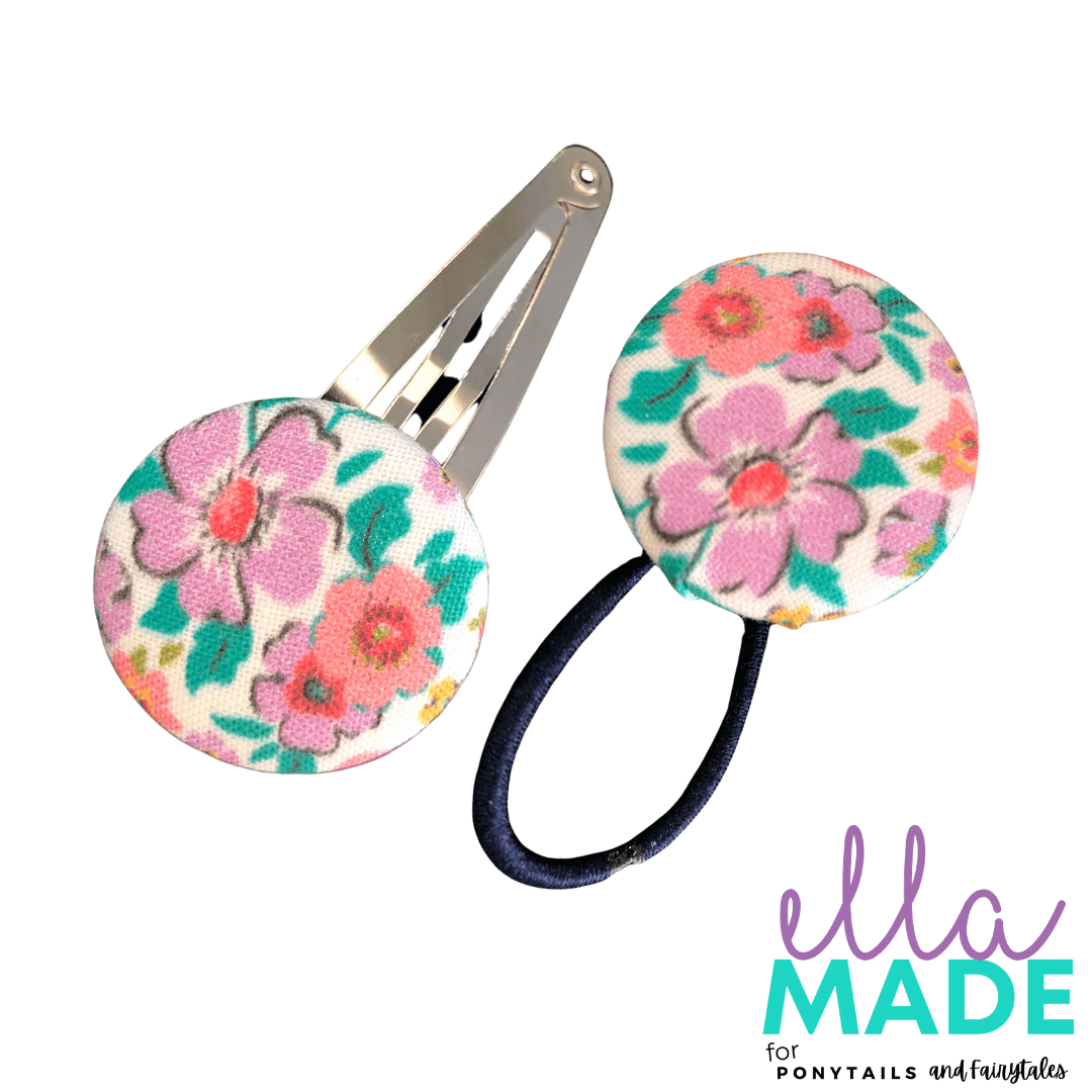 Limited Edition: Ditsy Floral Covered Buttons Hair clips Ella Made Set - Snap Clip + Hair Tie 