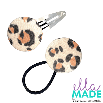 Limited Edition: Leopard Covered Buttons Hair clips Ella Made Set - Snap Clip + Hair Tie 