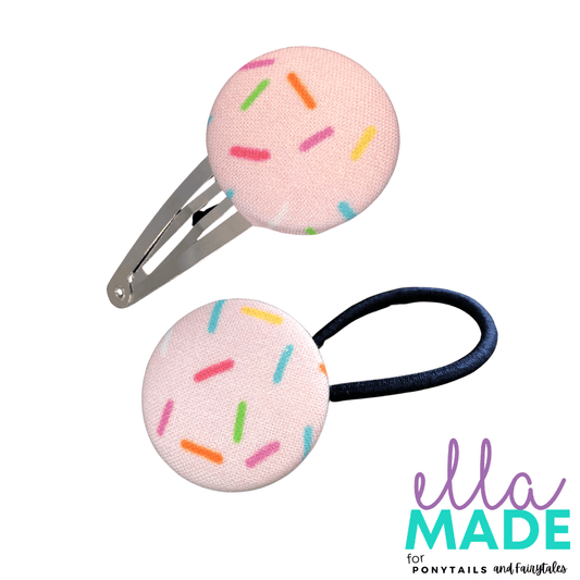 Limited Edition: Rainbow Sprinkles Covered Buttons Hair clips Ella Made Set - Snap Clip + Hair Tie 
