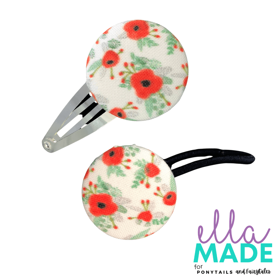Limited Edition: Remembrance Poppies Covered Buttons Hair clips Ella Made Set - Snap Clip + Hair Tie 