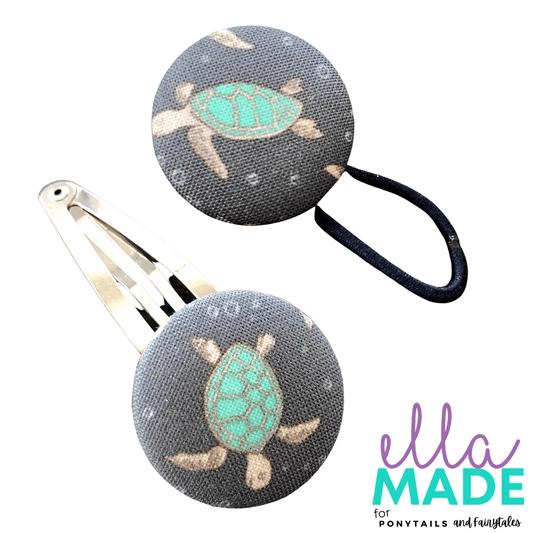 Limited Edition: Sea Turtle Covered Buttons Hair clips Ella Made Set - Snap Clip + Hair Tie 